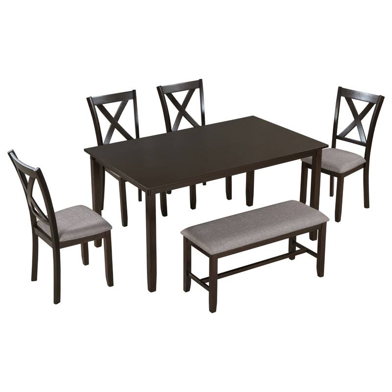 Espresso Traditional 6-Piece Wooden Dining Table Set with 4 Upholstered Chairs and Bench