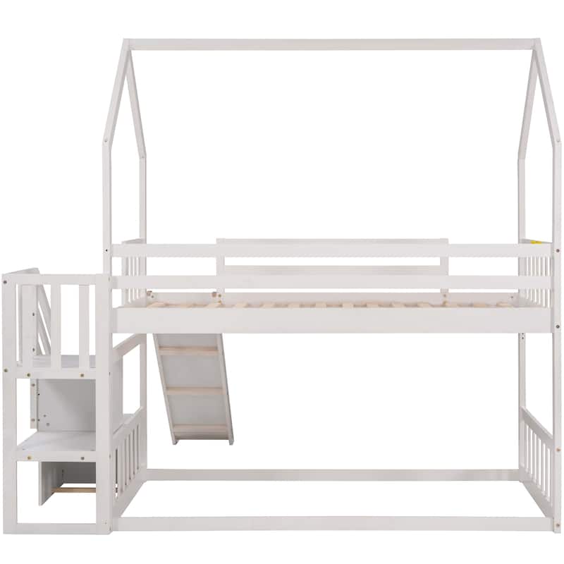 Twin Size Wood House Bunk Bed with Convertible Slide and Storage Staircase, Solid Pinewood Twin over Twin Bunk Bed Frame
