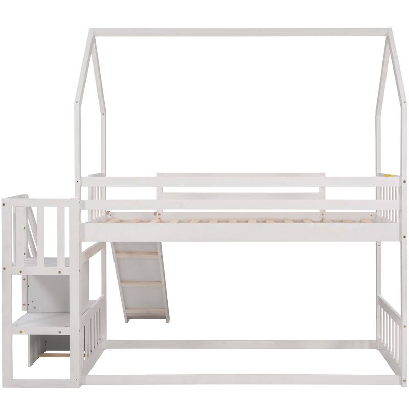 Twin over Twin House Bunk Bed with Convertible Slide and Storage Staircase