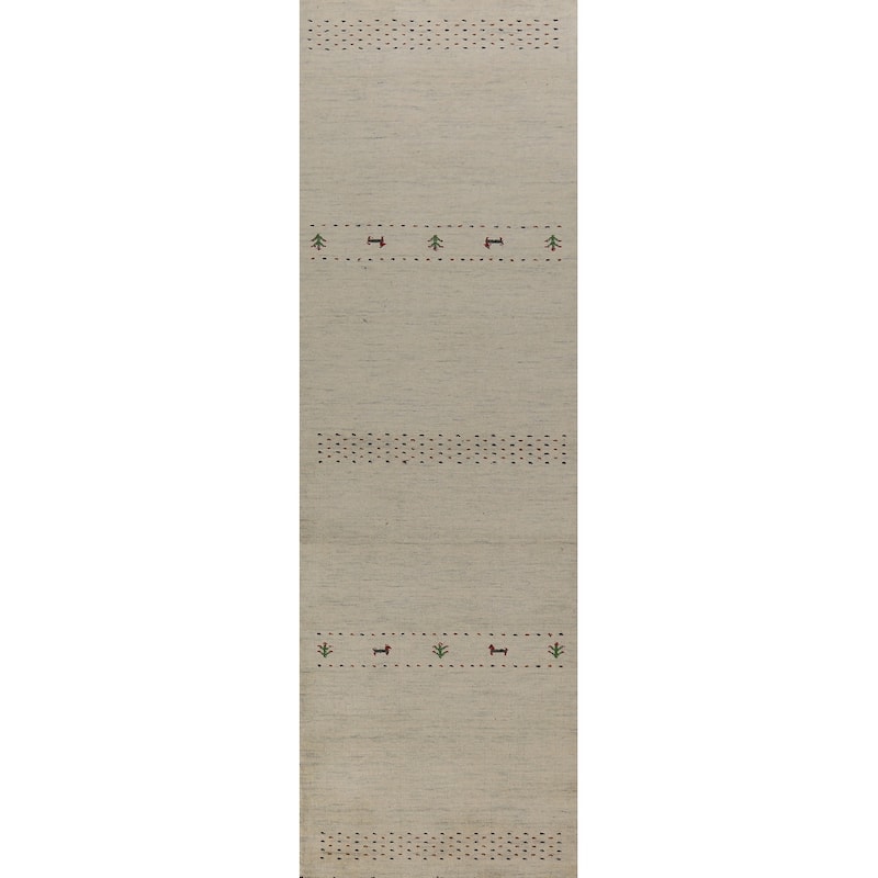 Little Animals Design Gabbeh Runner Rug Handmade Beige Wool Carpet - 2'6" x 11'3"