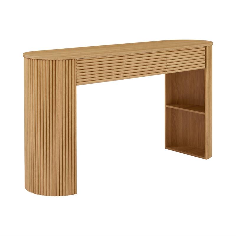 Retro Console Table with Storage, 3 Drawers, 1 Table-Leg Niche, Round Slat Aesthetic, Entryway, Living Room & Hallway