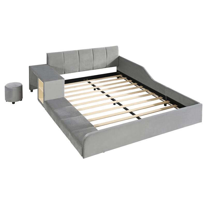 Full Size Upholstered Platform Bed with Bedside Desk and Stool, Velvet, Gray