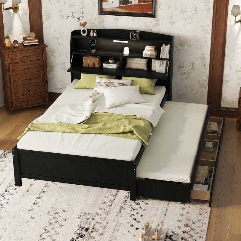 Wooden LED Platform Bed with Trundle
