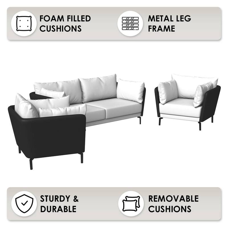 3-Piece Sofa Set Upholstered PU Leather with Metal Legs Removable Cushions for Modern Home Luxify Series by LeisureMod