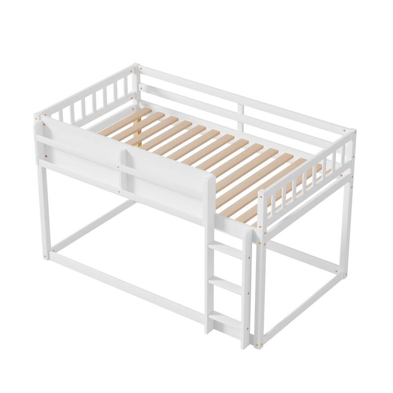 Low Twin Over Twin Bunk Bed, Floor Bunk Bed with Ladder, Solid Wood Twin Bunk Bed for Kids & Juniors, White