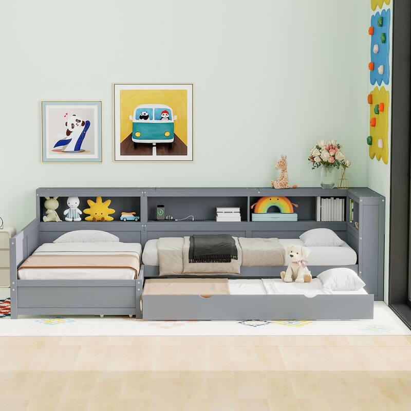 Wood Twin Size L-shaped Platform Bed with Trundle and a Drawer, White