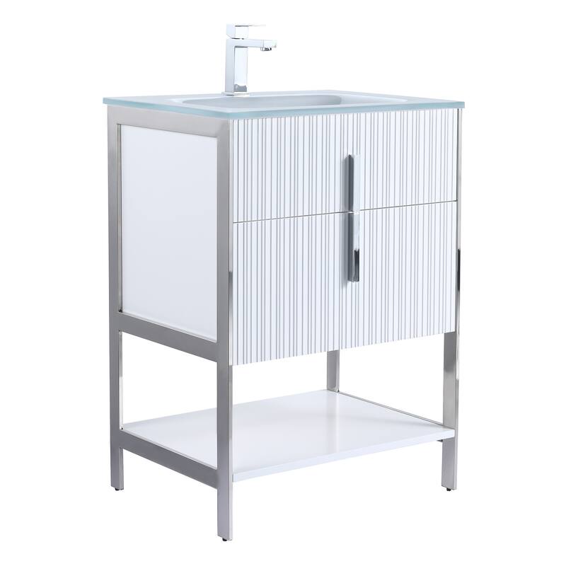 Fine Fixtures Serenity Modern Bathroom Vanity with White Glass Top - White Matte - Chrome Hardware - 24 inch