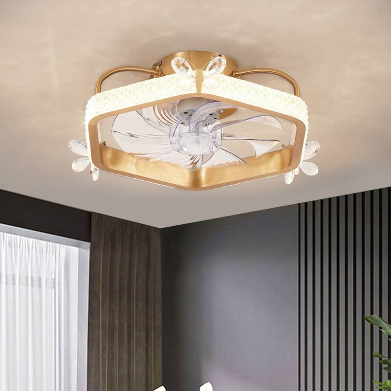 Modern Flush Mount Crystal Ceiling Fan, Gold Reversible Fandelier Fan Light for Bedroom
