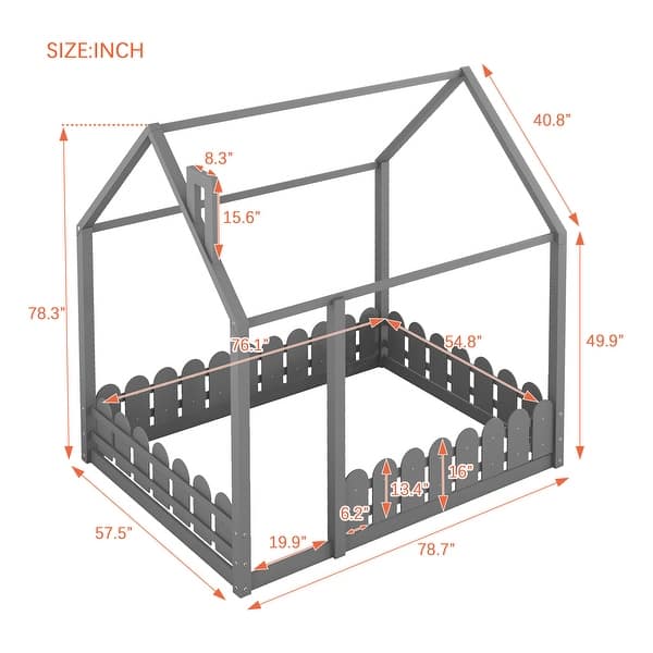 dimension image slide 1 of 3, Full Size Wood House Bed Frame with Fence, Perfect for Kids' Play and Sleep Space