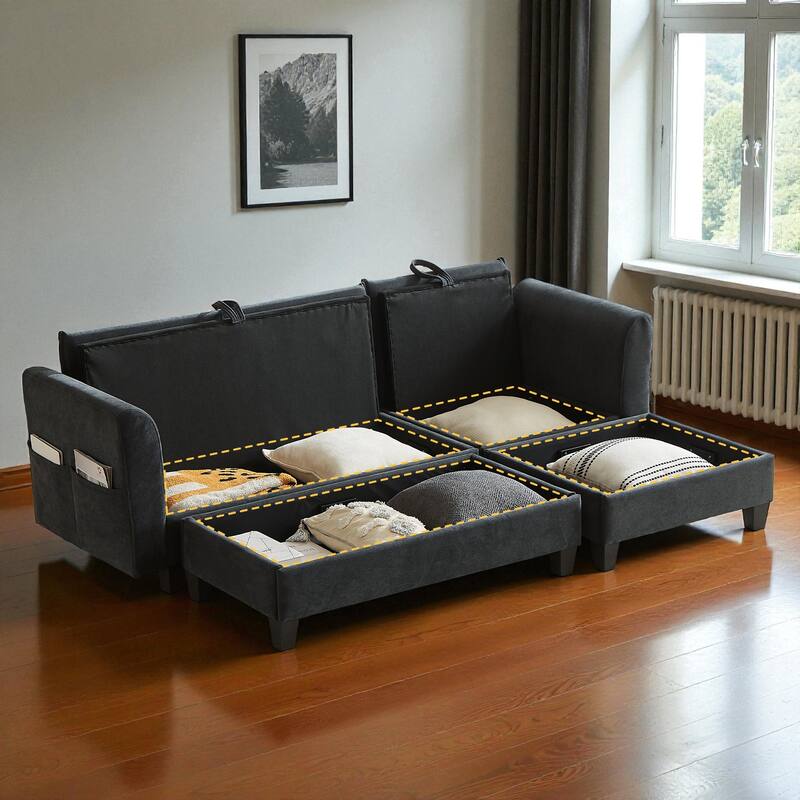 83" L-Shaped Sectional Sofa with Storage Seats Movable Ottoman Curved Armrests Chenille Couch with 6 Pillows