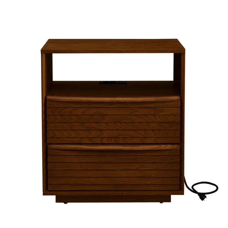 Mid-Century Modern Nightstand with Charging Station,Outlet Hole and 2 Solid Wood Drawers