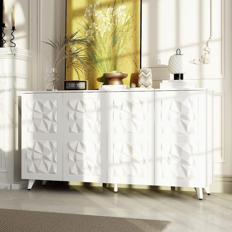 Geometric 4-Door Sideboard Buffet Cabinet with Adjustable Shelves, White Finish