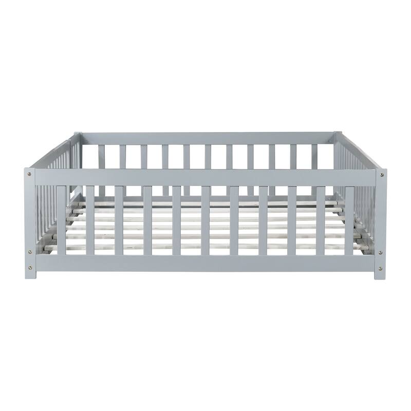White Full Size Wooden Floor Bed with Fence & Door, Rubber, Safety Guardrails