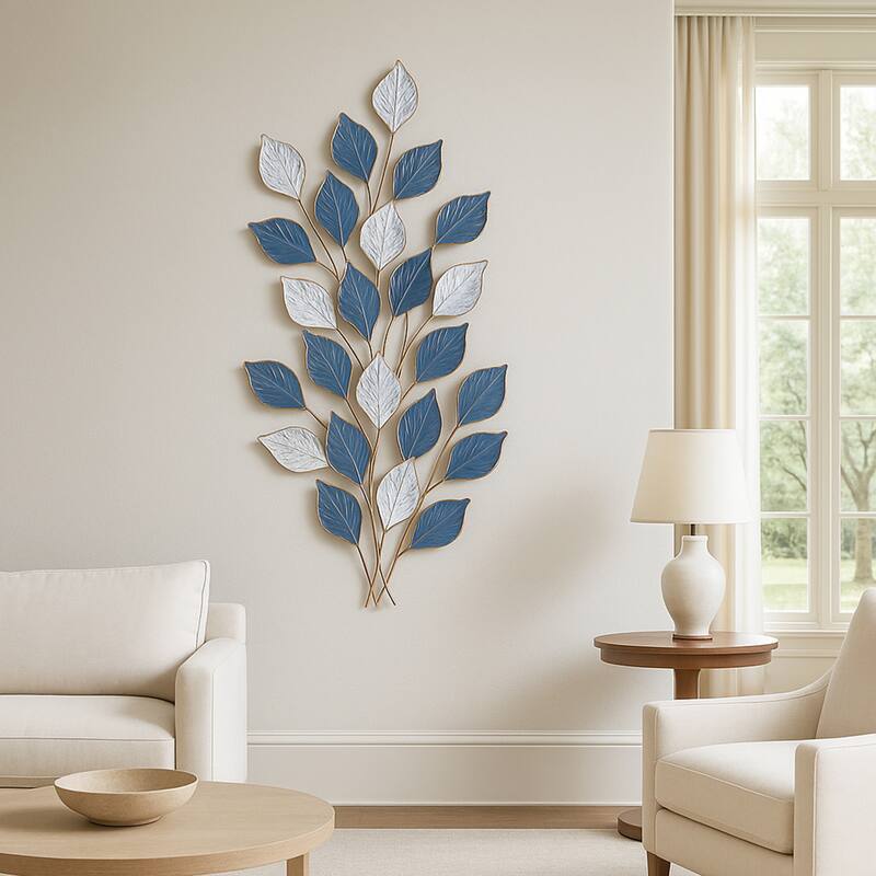 Green White Vertical 3D Leaf Metal Wall Art 36x19 Textured Iron Decor