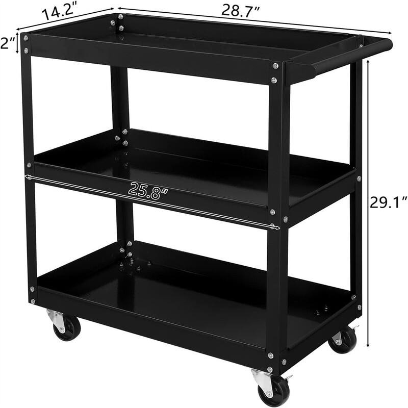 3 Tier Rolling Tool Cart, 330 Lbs Capacity, with Ergonomic Handle - 28.7"D x 14.2"W x 29.1"H