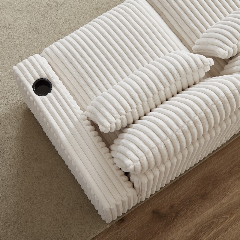 Super Large 126-Inch Corduroy L-Shaped Sofa with Cup Holders, USB Port, Movable Footrest, and 8 Cushions.