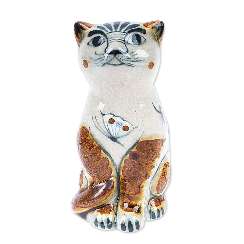 Novica Handmade Traditional Cat With Dove Ceramic Figurine