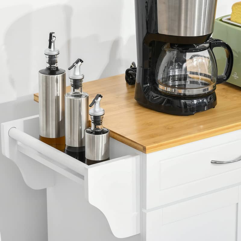 HOMCOM Rolling Kitchen Island Cart with Large Bamboo Countertop, 2 Cabinets with Adjustable Shelves and Wheels, White