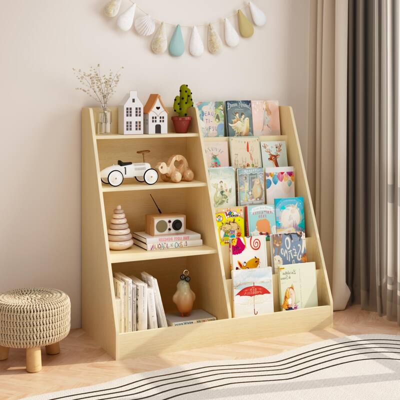 Anmytek Kids Bookcase Large Capacity Trapezoid Bookshelf Eco Friendly Wood Toy Storage Organizer Cabinet