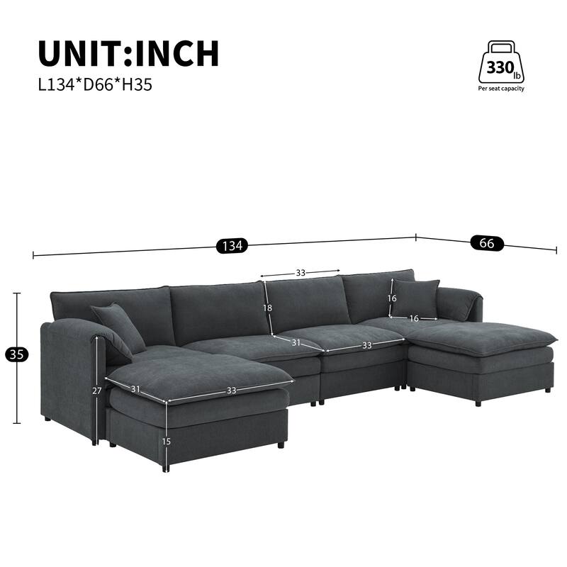 Oversized Modular Cloud Sofa Set with 2 Pillows, 134*66" Chenille Sectional Sofa for Livingroom 6 Seat Sleeper Sofa Bed