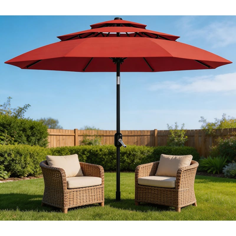 10Ft 3-Tier Patio Umbrella, with Vents, Easy Crank & Tilt - Red