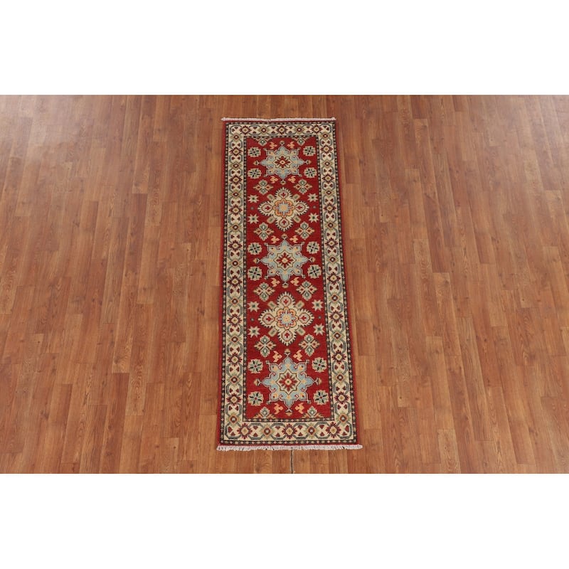 Geometric Red Kazak Runner Rug Hand-Knotted Wool Carpet - 2'1" x 6'0"