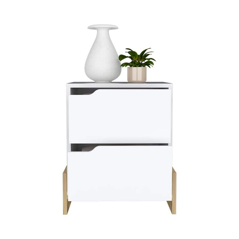 Nightstand Brookland,Bedside Table with Double Drawers and Sturdy Base,White / Macadamia Finish