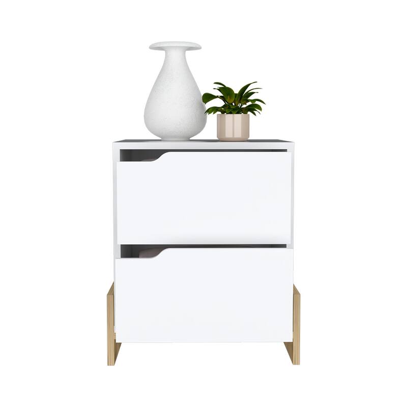 White & Macadamia Nightstand with 2 Drawers, Sturdy Base and Spacious Top
