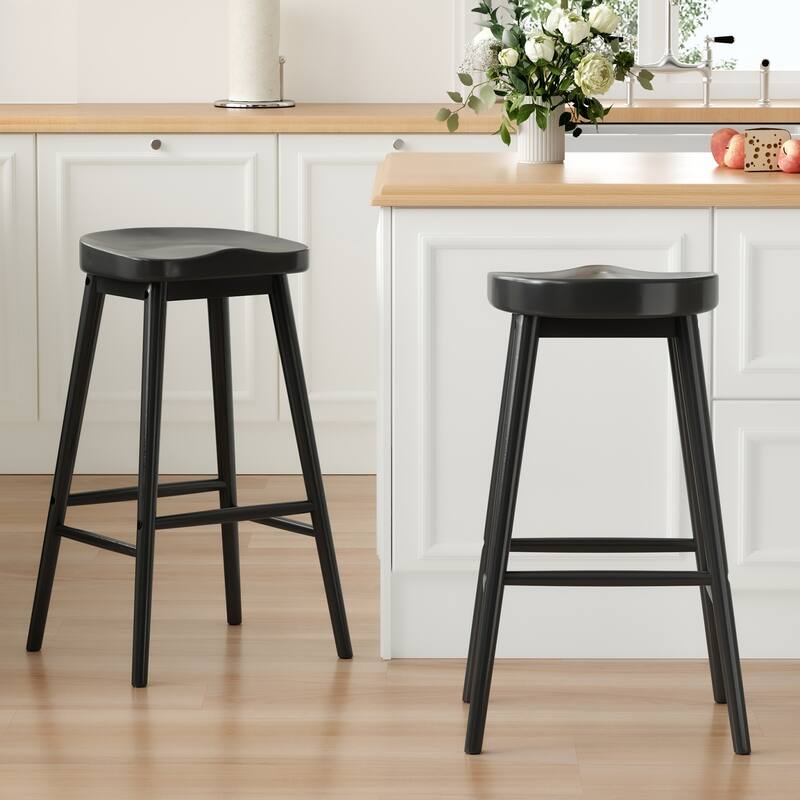 30.3" Solid Wood Bar Stools, Set of 2, Backless Saddle Seat Counter Stools with Footrests, Mid-Century Modern Bar Chairs