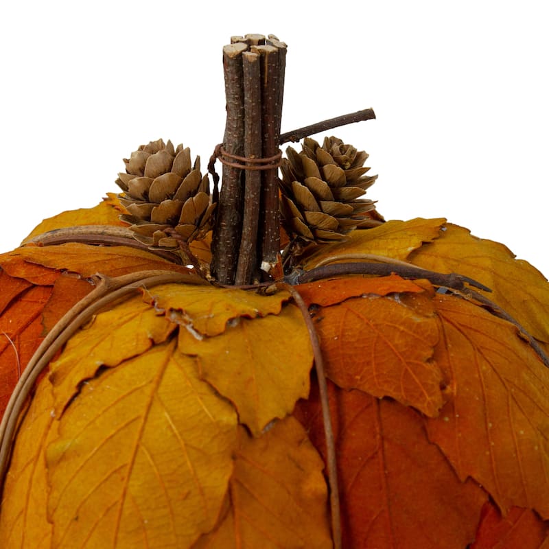Fall Harvest Layered Leaves Pumpkin with Pinecones Decoration - 7.5" - Orange