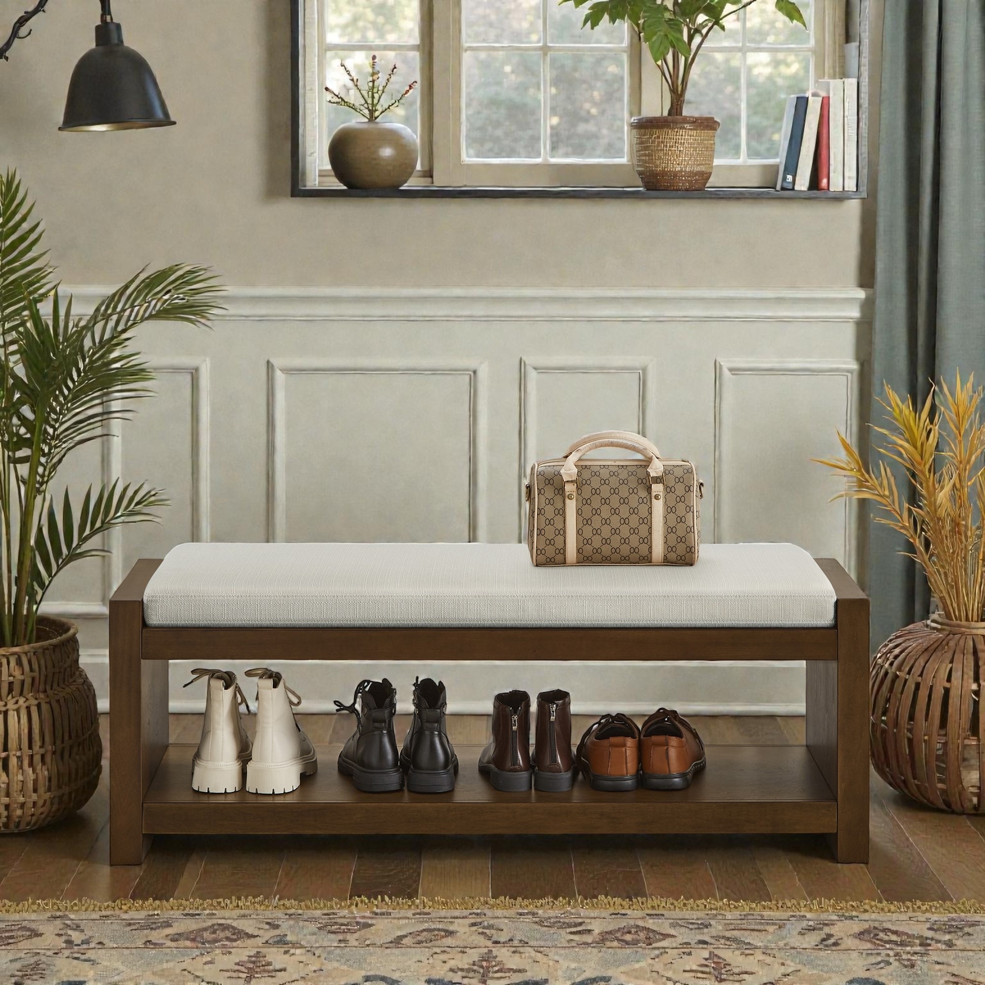 47" Upholstered Bench with Storage Shelf, Entryway Shoe Rack Bench with Removable Cushion for Bedroom or Living Room - Linen