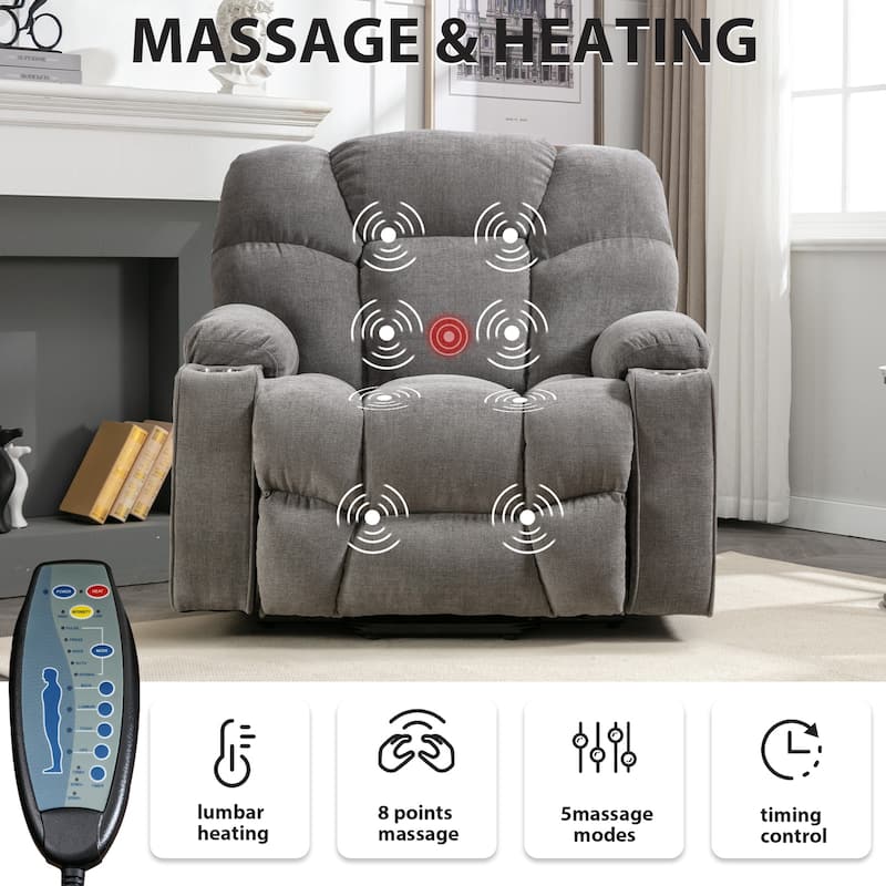 Power Lift Recliner Chair With Electric Massage And Heat For Elderly With 2 Cup Holders - Grey