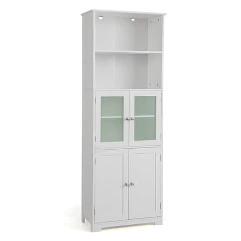 Gymax Bathroom Tall Storage Cabinet Linen Tower w/ Glass Door &