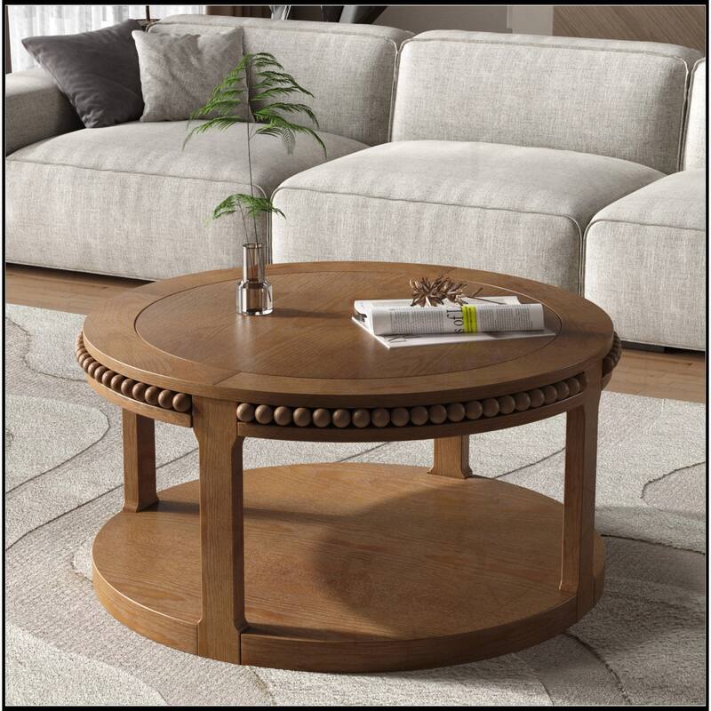 31.5 Inch Round Solid Wood Coffee Table & Sofa Table - Dark Walnut