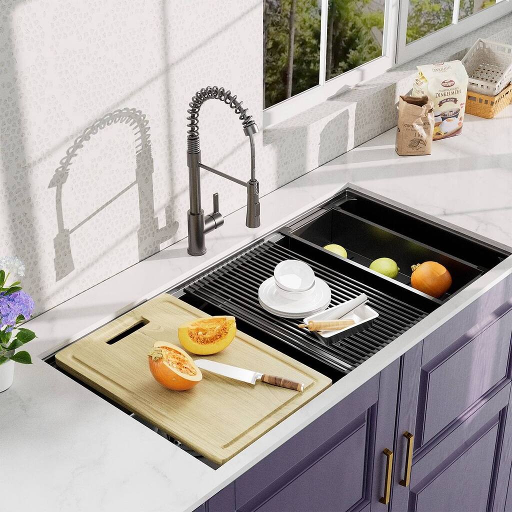 33x19 Inch One Piece Black Double Vessel Kitchen Sink with Faucet