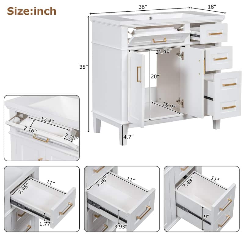 36 inch MDF Freestanding Bathroom Vanity Set with Integrated Ceramic Sink - 36" x 18" x 35"