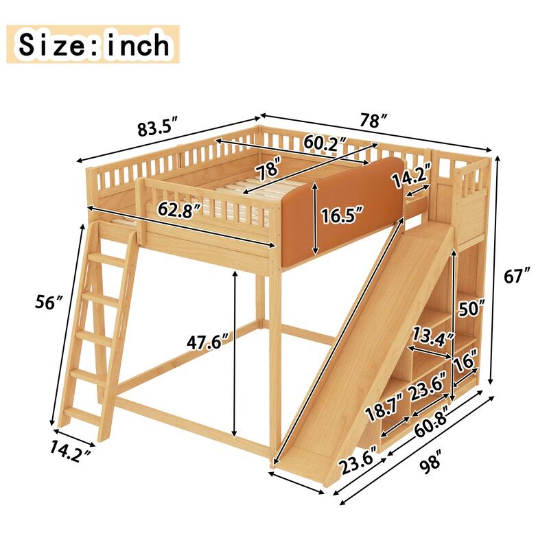 Queen Size Loft Bed with Upholstered Headboard and Storage Shelves, Complete with Ladder and Slide