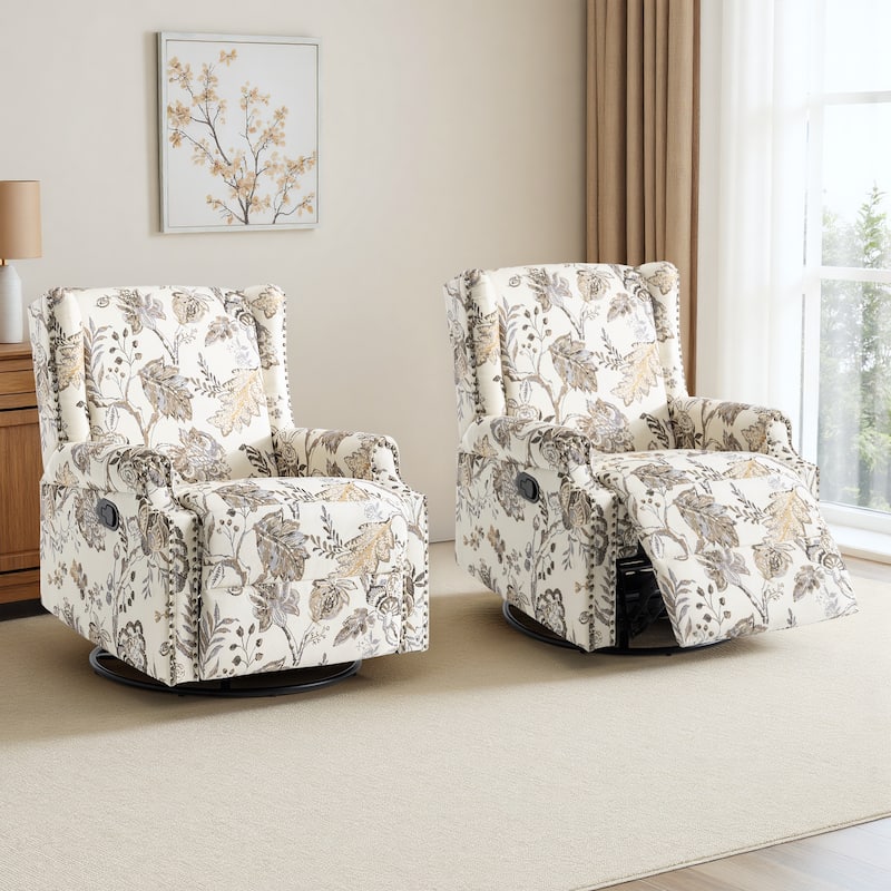 Floral Linen Manual Recliner Chair with Footrest set of 2 - PLANTS BEIGE SWIVEL