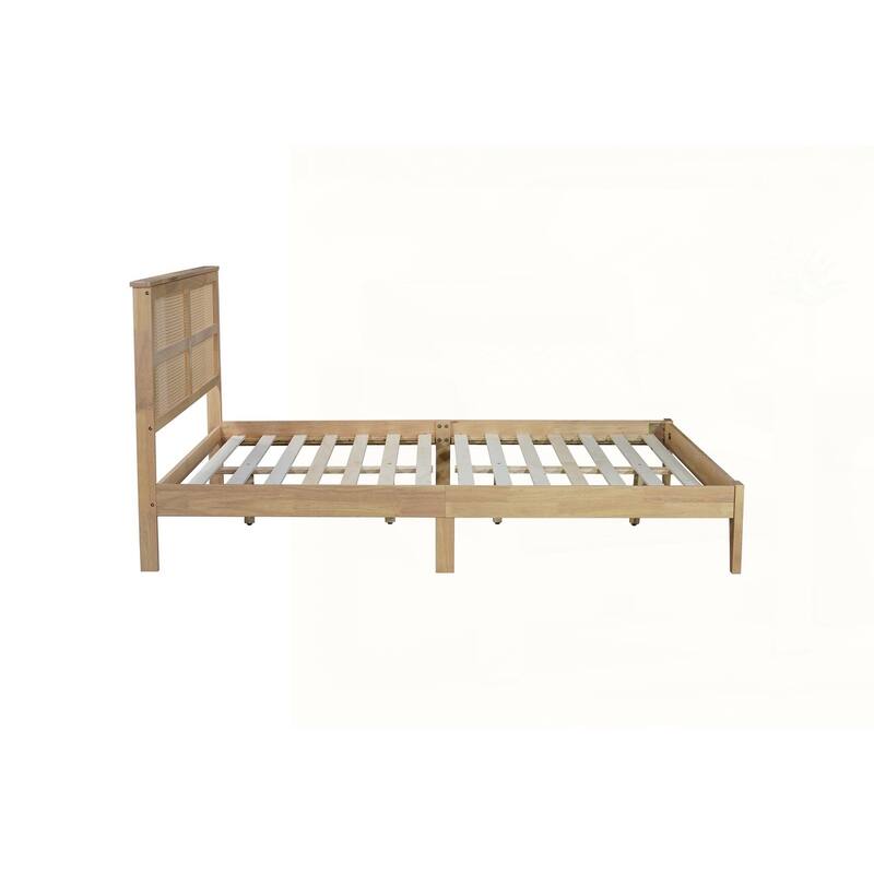Solid Wooden Bed with Rattan Headboard