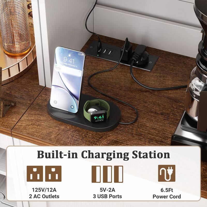 Farmhouse 72" Tall Kitchen Pantry Cabinet with Charging Station, Coffee Bar Cabinet with Hutch and LED Light