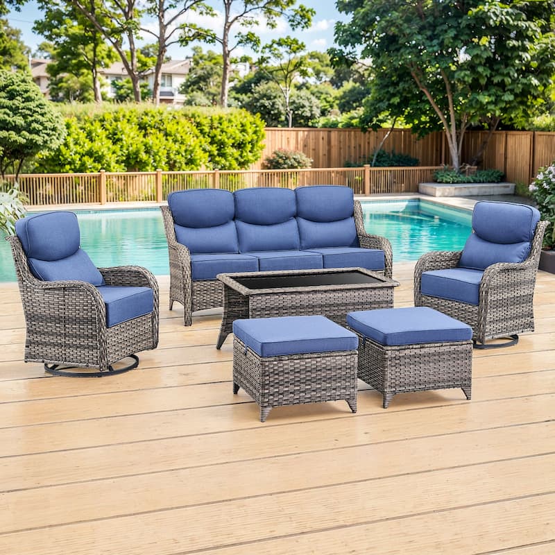 Gymojoy 6-Piece Patio Furniture Set with Swivel Glider Chairs, 6-Inch Ultra-Plush Cushions & Water-Resistant Olefin Fabric - Grey Wicker / Blue Cusion - 6-Piece