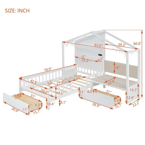 Twin House Bed with Upholstered Sofa, Wood Montessori Bed with Charging Station, Wireless Charging, Shelves and 2 Drawers White