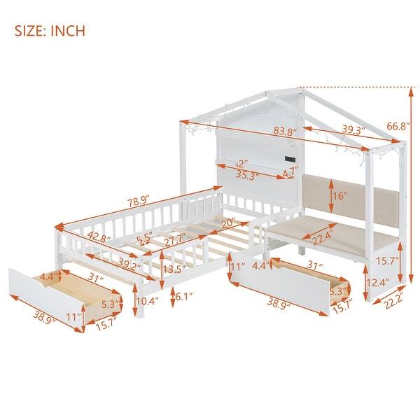 Versatility Twin Size House Bed with Upholstered Sofa, Wood Guardrail Bed with Shelves and Two Drawers, Charging Station Design