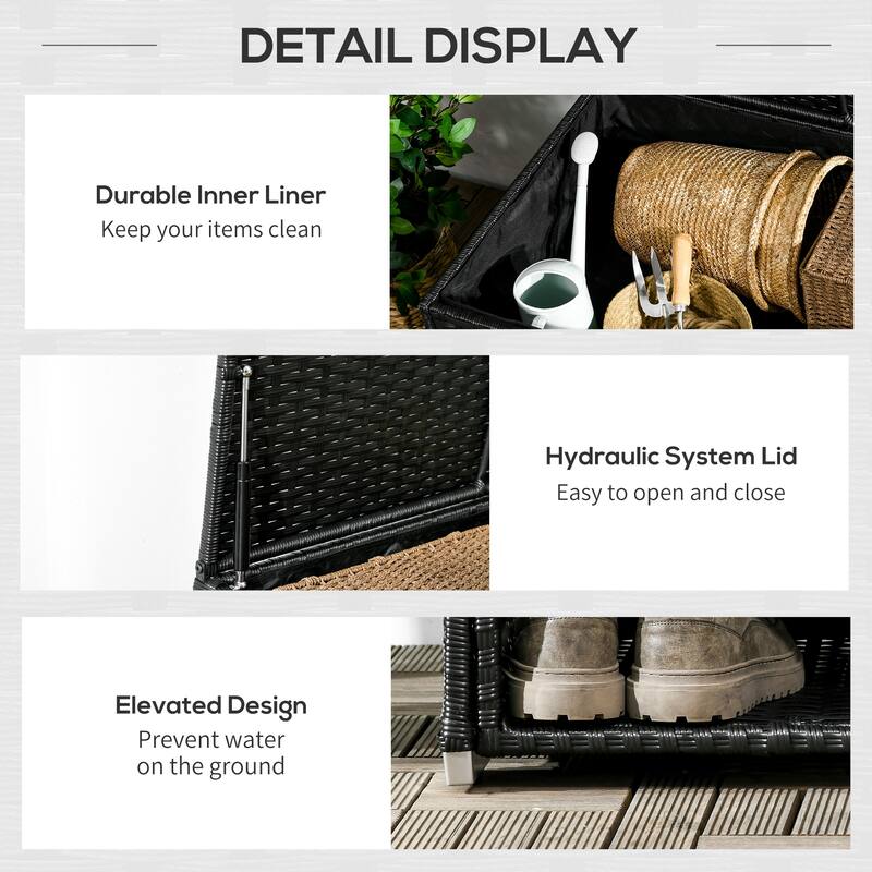 Pool Deck Storage Box Multipurpose Storage Box Rattan Deck Box with Liner and Spring-Assisted Lift for Indoor Outdoor Garden