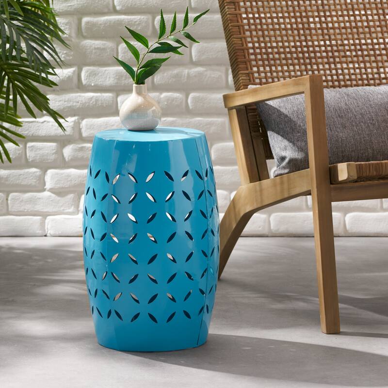 12.25" Modern Round Side Table with Barrel Structure and Iron-cut Design for Living Room or Bedroom
