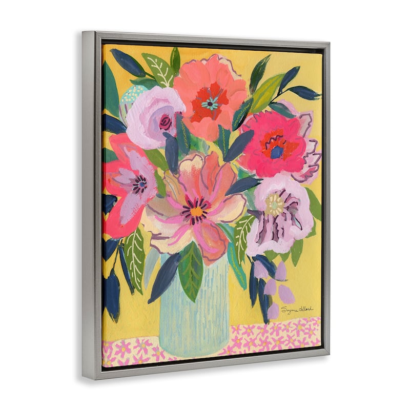 Stupell Vibrant Pink Bouquet on Yellow Framed Floater Canvas Wall Art Design By Suzanne Allard