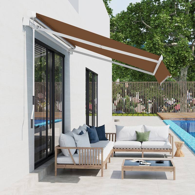 Outsunny 10' x 8' Manual Retractable Sun Shade Patio Awning with UV Protection and Easy Crank Opening, Coffee Brown