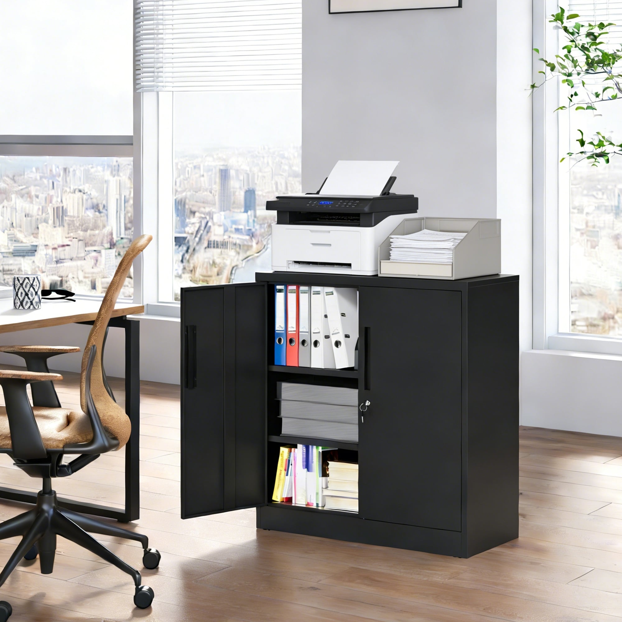 Metal Storage Cabinet with Lock, 2-Door Garage Storage Cabinet with 2 Adjustable Shelves, Heavy Duty Steel File Cabinet