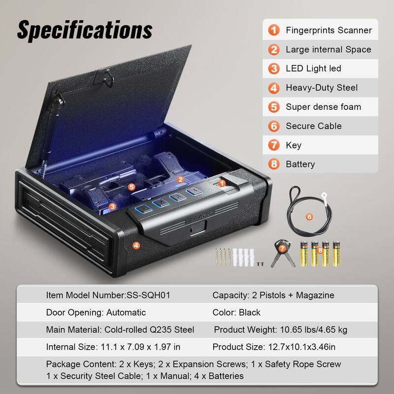 Gun Safe for Pistols, Biometric Gun Safe with Three Quick Access Ways of Fingerprints, Passwords and Keys