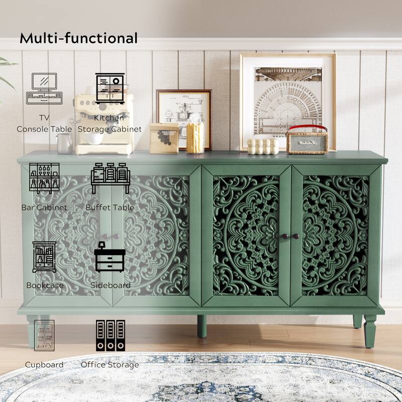 TV Stand Sideboard, Buffet Cabinet with Floral Carvings, Wood Storage Cabinet with Adjustable Shelves